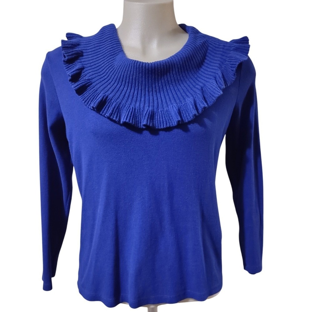 Rafaella Sweater Women's Size XL Ruffle Neck Knit Pullover Cotton Spandex Blue